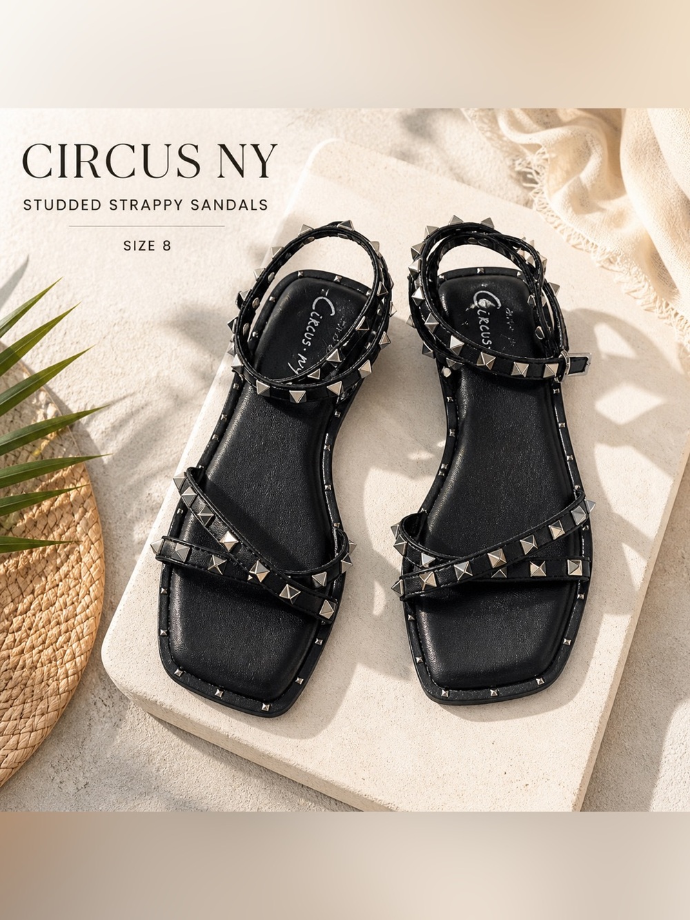 Circus NY Studded Strappy Sandals Black Size 8 Edgy Flat Gladiator